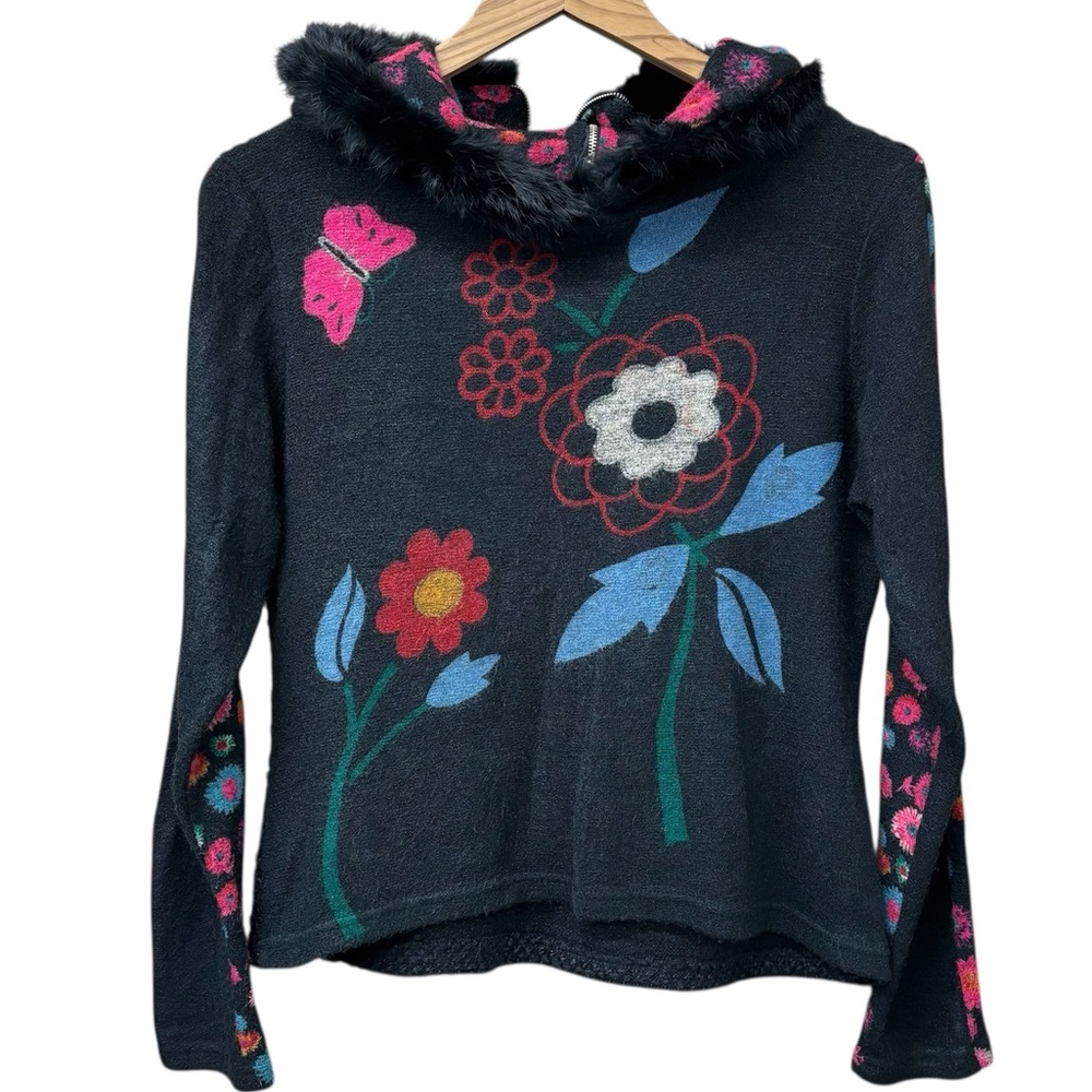 y2k ANAC by Kimi hoodie with faux fur and painted flowers, xl